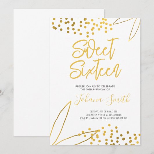 Sweet Sixteen Gold White, 16e verjaardag Uitnodigi Kaart (Voorkant / Achterkant)