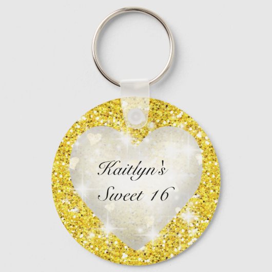 Sweet Sixteen, Goud Glitter, Hart, Feest Favor Sleutelhanger (Voorkant)