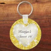Sweet Sixteen, Goud Glitter, Hart, Feest Favor Sleutelhanger (Voorkant)