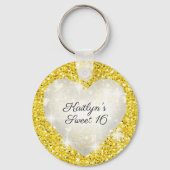 Sweet Sixteen, Goud Glitter, Hart, Feest Favor Sleutelhanger (Voorkant)