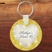 Sweet Sixteen, Goud Glitter, Hart, Feest Favor Sleutelhanger (Voorkant)
