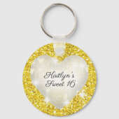 Sweet Sixteen, Goud Glitter, Hart, Feest Favor Sleutelhanger (Achterkant)
