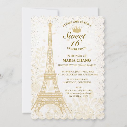 Sweet Sixteen: gouden Eiffeltoren en bloemaccent Kaart (Voorkant)