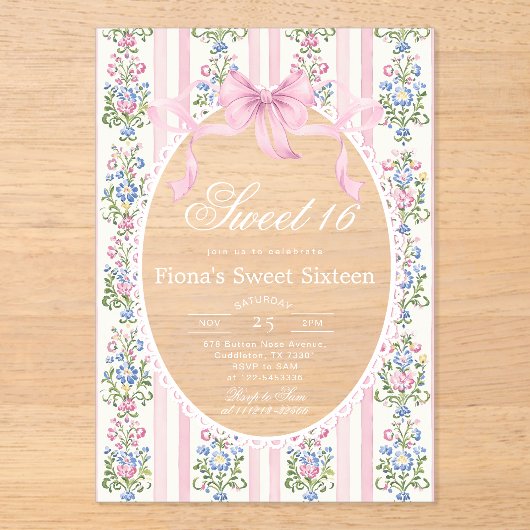 Sweet Sixteen Grandmillen Coqueete Boog Verjaardag Acryl Uitnodigingen (Voorkant)