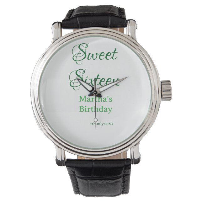 Sweet Sixteen green name date calligraphy boho ret Horloge (Voorkant)
