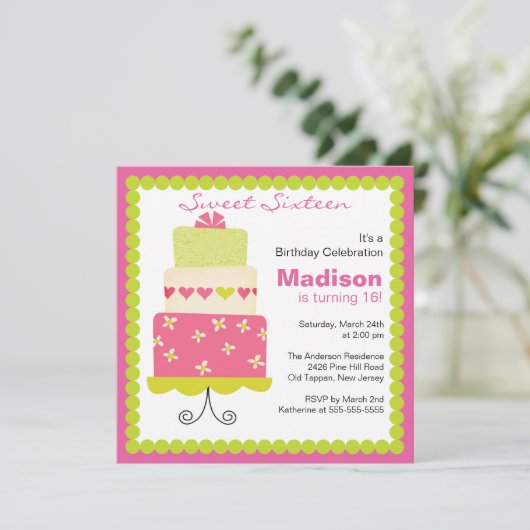 Sweet Sixteen Groen en Roze Cake Birthday Invite Kaart (Staand voorkant)