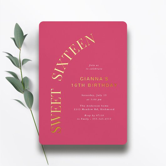 Sweet Sixteen | Hot Pink en Gold 16e verjaardag Folie Uitnodiging