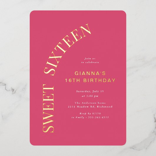 Sweet Sixteen | Hot Pink en Gold 16e verjaardag Folie Uitnodiging (Voorkant)