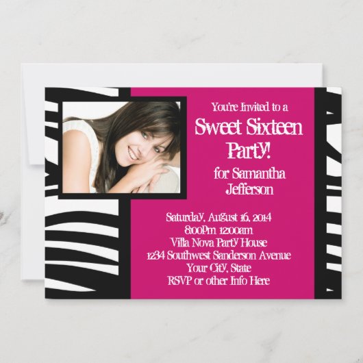 Sweet Sixteen, Hot Roze Zebra Fotouitnodiging Kaart (Voorkant)