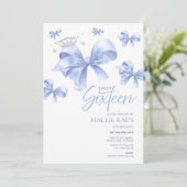 Sweet Sixteen Invitation, Blue Bow 16e verjaardag Kaart (Staand voorkant)