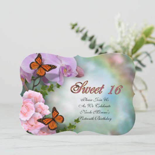 Sweet Sixteen Invitation butterflies en bloemen Kaart (Staand voorkant)