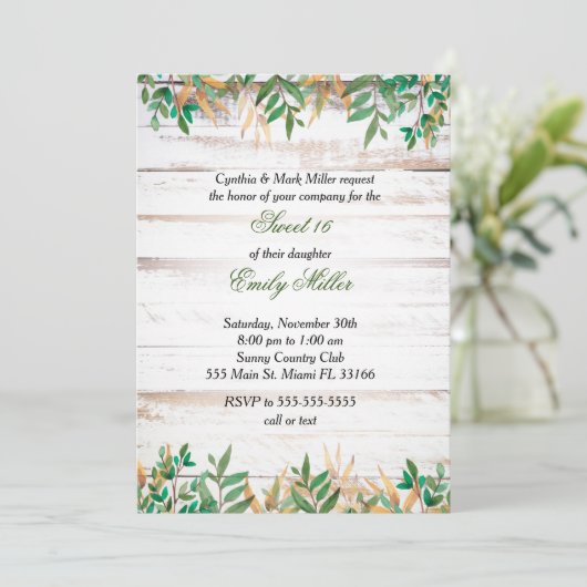 Sweet Sixteen Invitation Greenery Rustic Kaart (Staand voorkant)