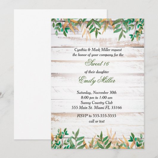 Sweet Sixteen Invitation Greenery Rustic Kaart (Voorkant / Achterkant)