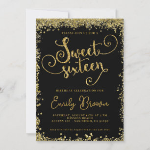 Sweet Sixteen Invite Black en faux gold glitter Kaart