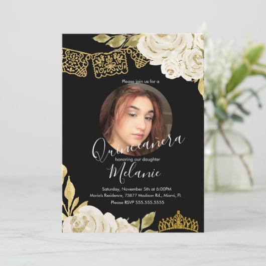Sweet Sixteen Ivory Glitter Faux Floral Foto Kaart (Staand voorkant)