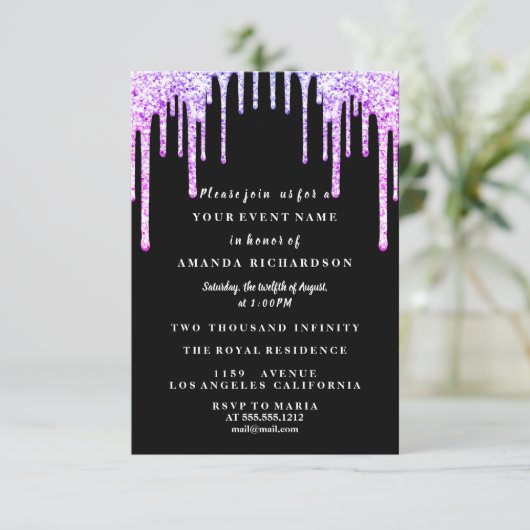 Sweet Sixteen Jurk Glitter Drip Roze Royal Zwart Kaart (Staand voorkant)