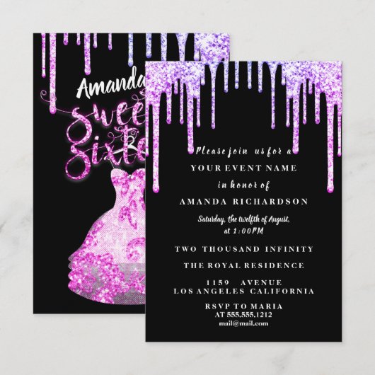 Sweet Sixteen Jurk Glitter Drip Roze Royal Zwart Kaart (Voorkant / Achterkant)