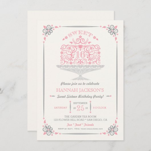 Sweet Sixteen Lacy Birthday Cake Invitation Kaart (Voorkant / Achterkant)