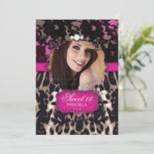 Sweet Sixteen Leopard Lace Uitnodiging Roze Bruin (Staand voorkant)