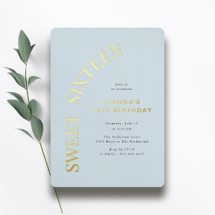 Sweet Sixteen   Lichtblauwe en gouden 16e verjaard Folie Uitnodiging