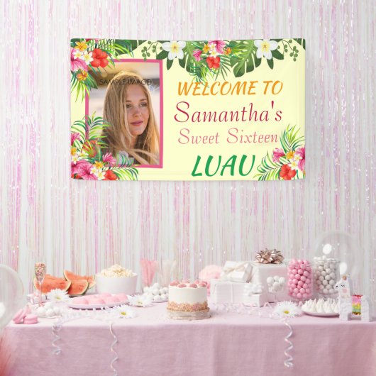 Sweet Sixteen Luau, Rode Roze Hibiscus Tropisch Spandoek (Feest)
