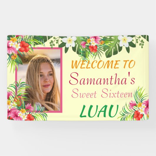 Sweet Sixteen Luau, Rode Roze Hibiscus Tropisch Spandoek (Horizontaal)