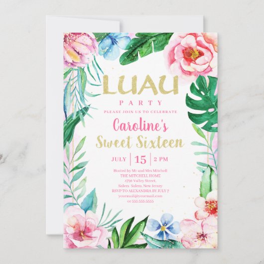 Sweet Sixteen Luau Tropisch Bloemig Roze Hawaïaans Kaart (Voorkant)