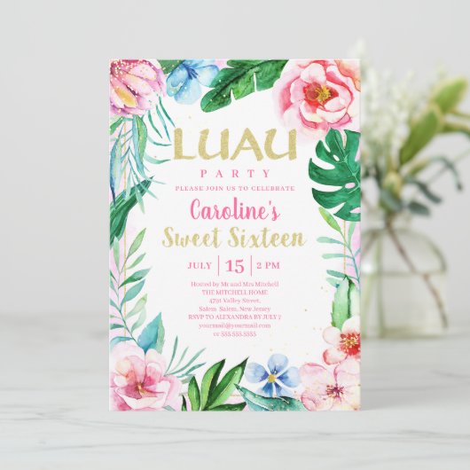 Sweet Sixteen Luau Tropisch Bloemig Roze Hawaïaans Kaart (Staand voorkant)