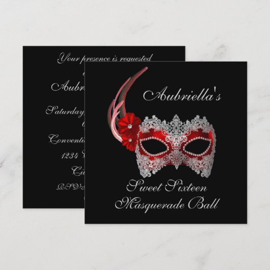 "Sweet Sixteen Masquerade Ball" Rood/wit masker w/ Kaart (Voorkant / Achterkant)