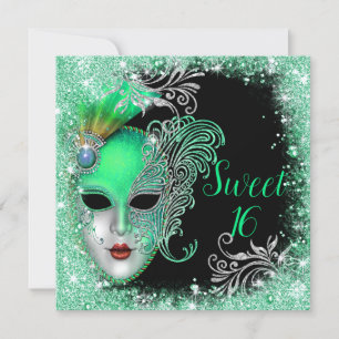 Sweet Sixteen, Masquerade Ball Turquoise Glitter Kaart