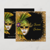 Sweet Sixteen, Masquerade, Gold Glitter Invitation Kaart (Voorkant / Achterkant)