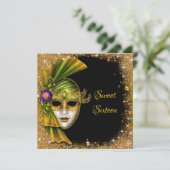 Sweet Sixteen, Masquerade, Gold Glitter Invitation Kaart (Staand voorkant)