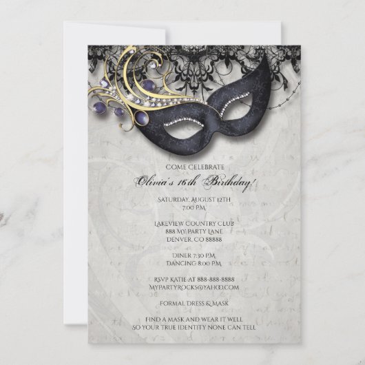 Sweet Sixteen Masquerade Invitation Kaart (Voorkant)