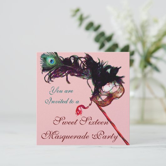 SWEET SIXTEEN MASQUERADE PARTIJ Roze IJzerblauw zw Kaart (Staand voorkant)