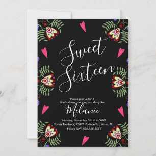 Sweet Sixteen Mexican Fiesta Floral Heart Black Kaart