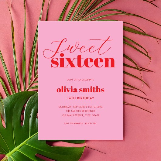 Sweet Sixteen Modern Roze Rood 16e Verjaardag Kaart