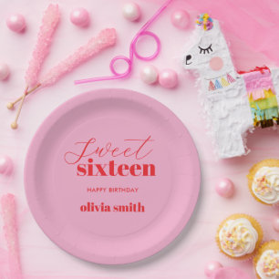 Sweet Sixteen Modern Roze Rood 16e Verjaardag Papieren Bordje