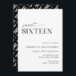 Sweet Sixteen Modern Zwart-wit 16e verjaardag Kaart<br><div class="desc">Modern-minimal stijl 16e verjaardag uitnodigingen met een off-center ontwerp. Gestroomlijnd zwart-wit kleurenschema met een leuk patroon op de achterkant. (Het omgekeerde zijpatroon kan,  indien gewenst,  door het ontwerphulpmiddel worden verwijderd.)</div>