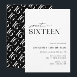 Sweet Sixteen Modern Zwart-wit 16e verjaardag Kaart<br><div class="desc">Modern-minimal stijl 16e verjaardag uitnodigingen met een off-center ontwerp. Gestroomlijnd zwart-wit kleurenschema met een leuk patroon op de achterkant. (Het omgekeerde zijpatroon kan,  indien gewenst,  door het ontwerphulpmiddel worden verwijderd.)</div>