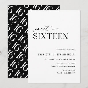 Sweet Sixteen Modern Zwart-wit 16e verjaardag Kaart