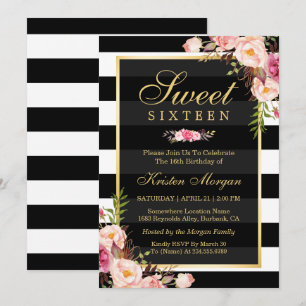Sweet Sixteen mooie Floral Black White Stripes Kaart