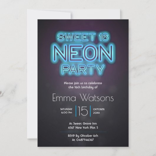 Sweet sixteen Neon Party Blue Kaart (Voorkant)