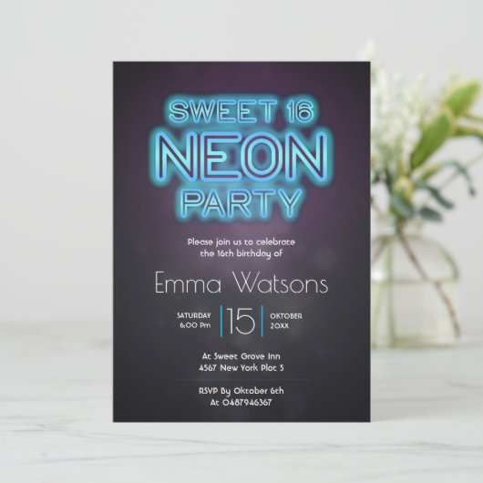 Sweet sixteen Neon Party Blue Kaart (Staand voorkant)