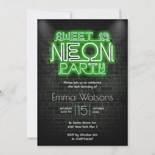 Sweet sixteen Neon Party Kaart (Voorkant)