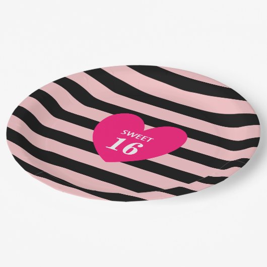 Sweet Sixteen op zwarte & roze gestreept dag Papieren Bordje (Gekanteld)