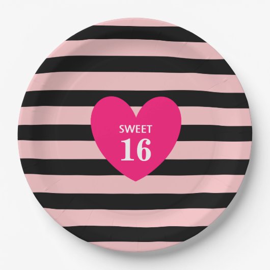 Sweet Sixteen op zwarte & roze gestreept dag Papieren Bordje (Voorkant)