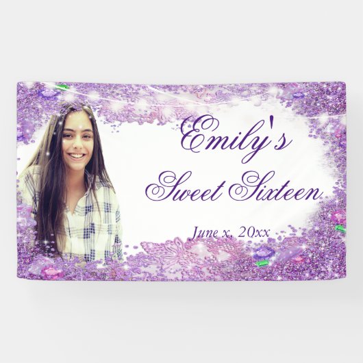 Sweet Sixteen Paarse Glitter, Sparkle Lights Spandoek (Horizontaal)