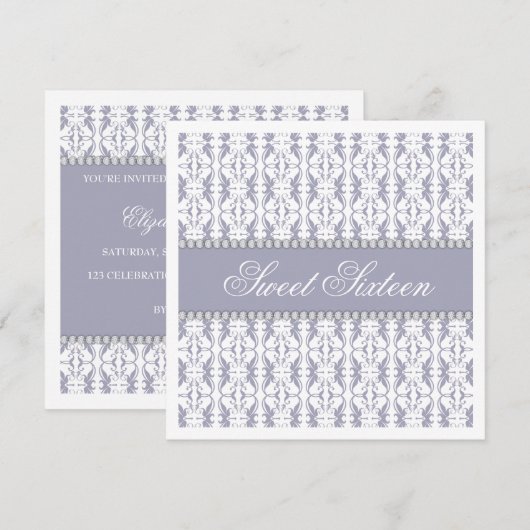 Sweet Sixteen Paarse White Damask Lace Jewel Party Kaart (Voorkant / Achterkant)