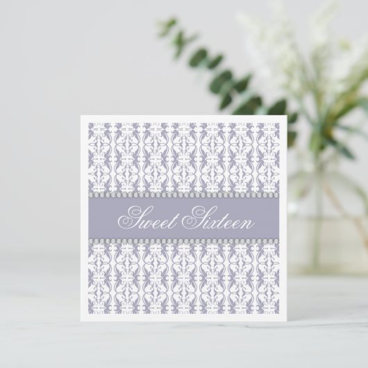 Sweet Sixteen Paarse White Damask Lace Jewel Party Kaart (Staand voorkant)