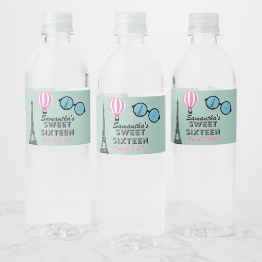 Sweet Sixteen Paris Birthday Water Fles Label Waterfles Etiket (Flessen)
